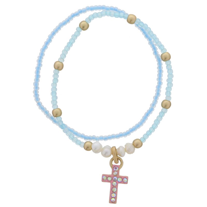 Kids Set of 2 Neon Aqua Beaded Bracelets with Cross