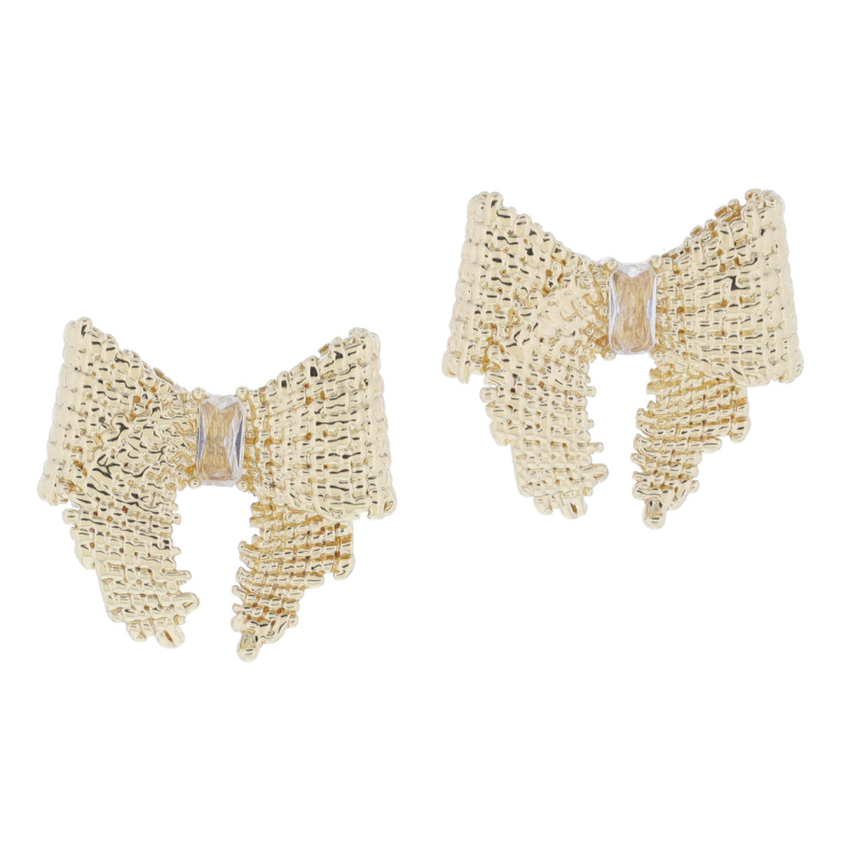 Textured Gold Bow Earrings with Champagne Baguette Crystal Accents