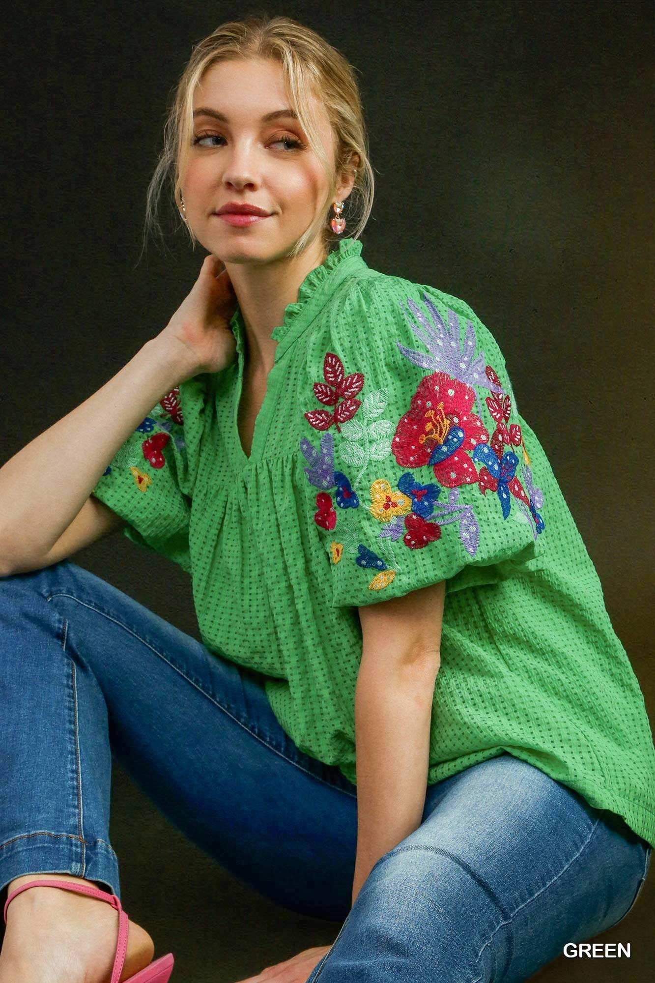 Bubble Sleeve Embroidery Top Green