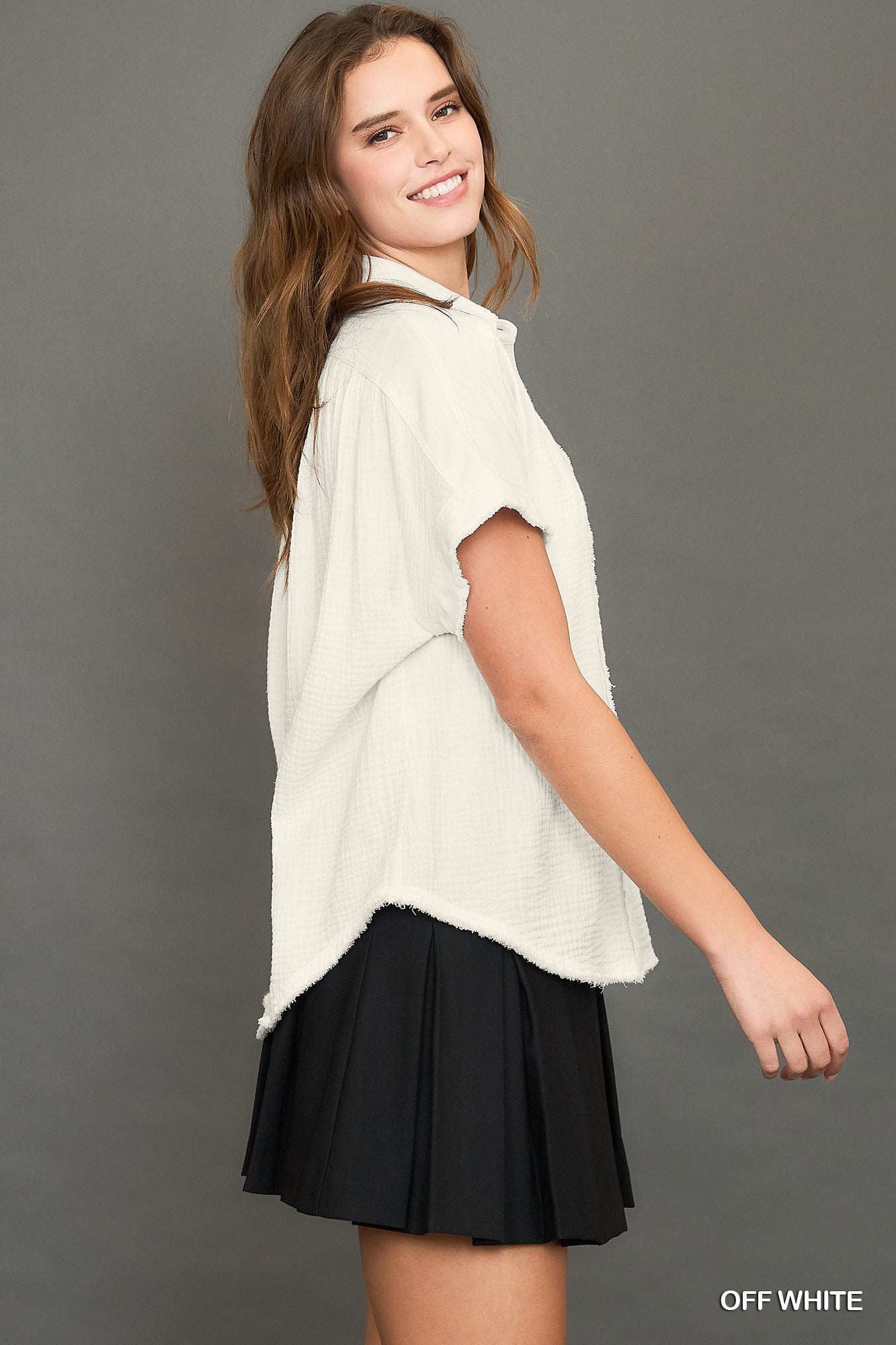 Cotton Gauze Button Down Top in Off White
