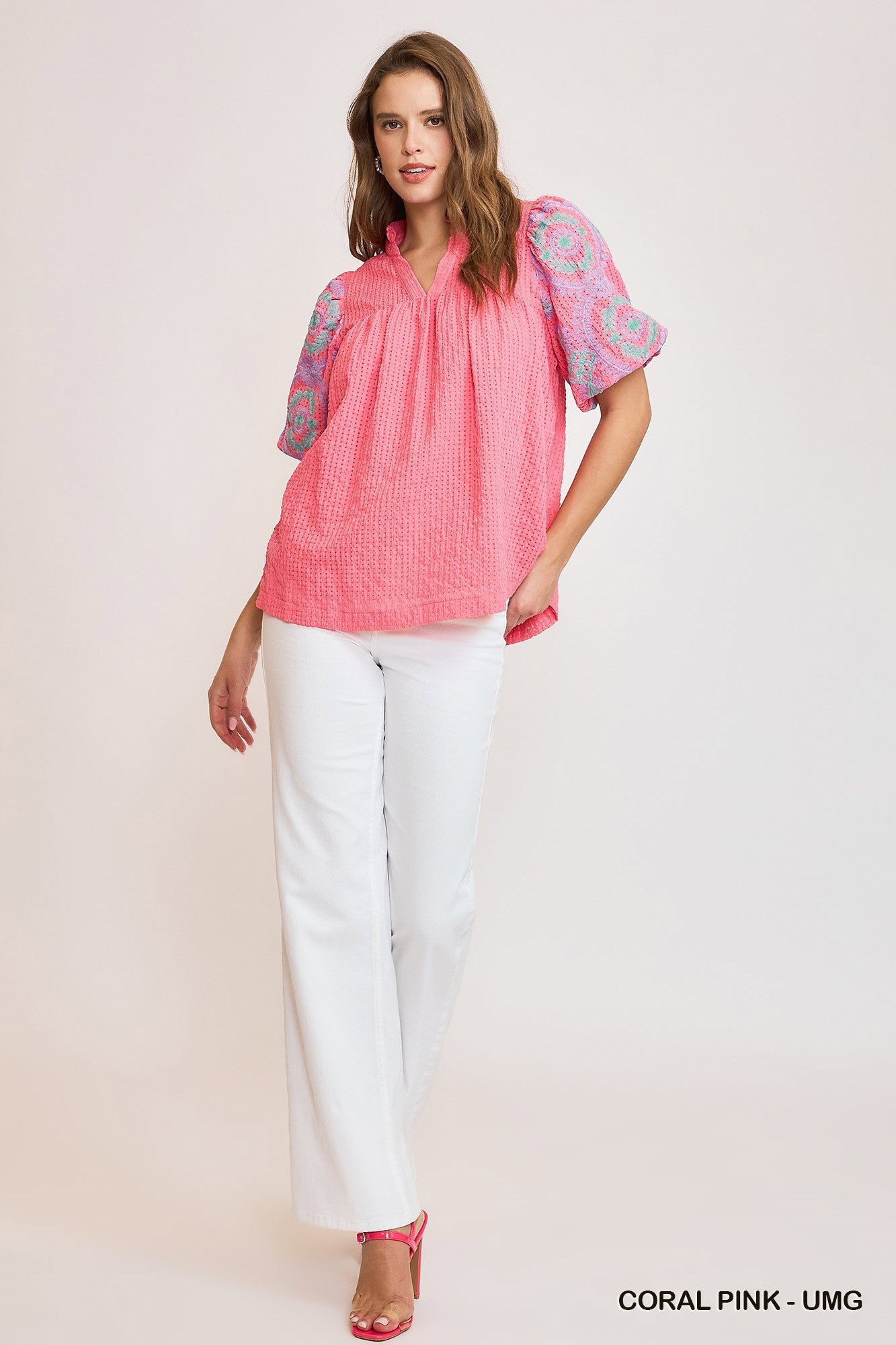 Bubble Sleeve Embroidery Top Pink