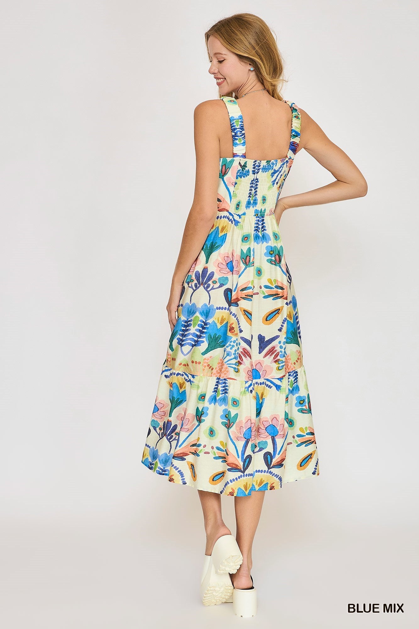 Garden Floral Midi Dress in Blue Mix