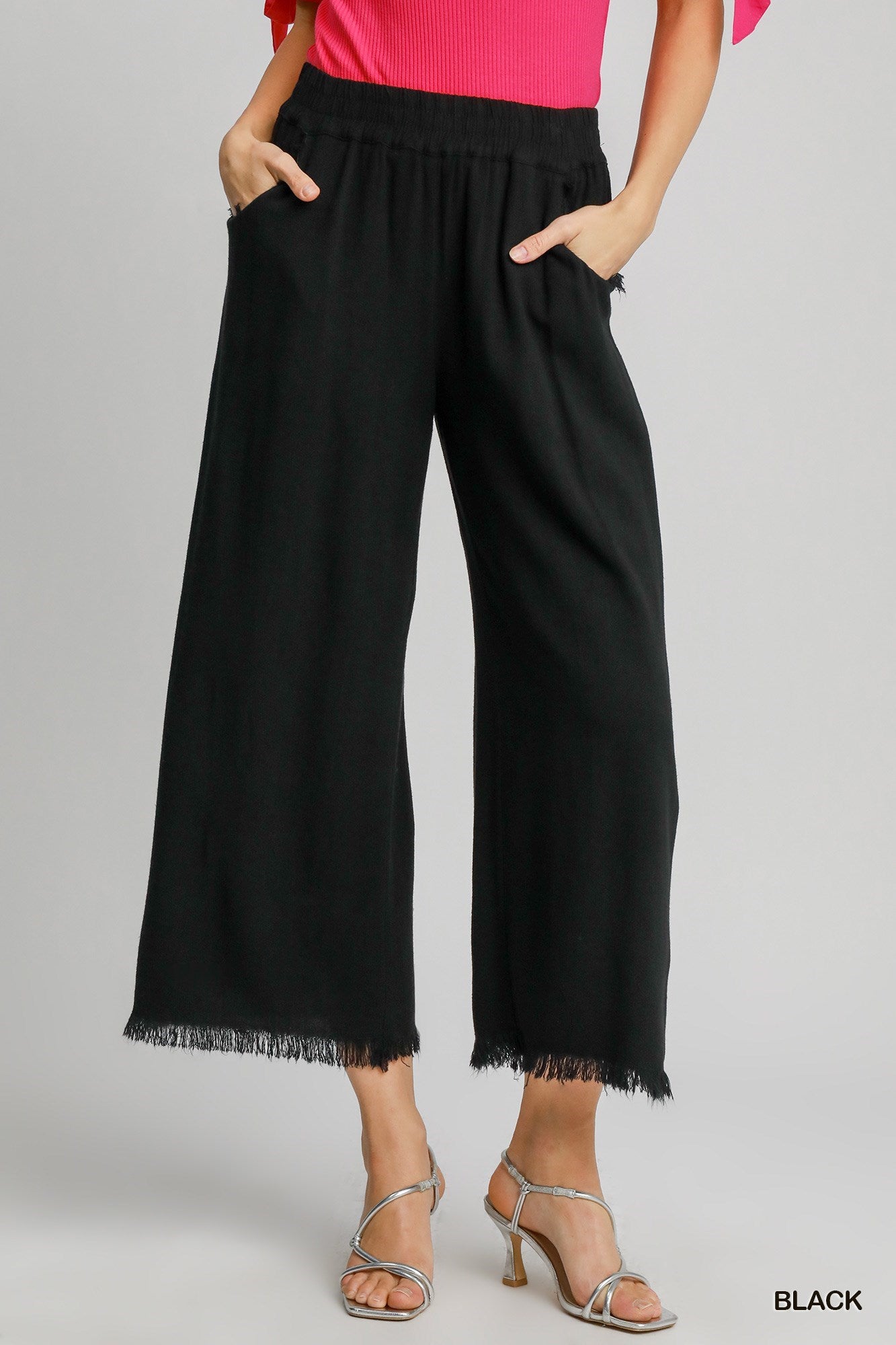 Linen Blend Wide Leg Pants in Black