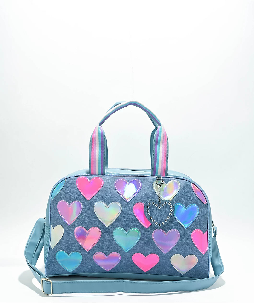 Metallic Heart-Patched Denim Medium Duffle Bag