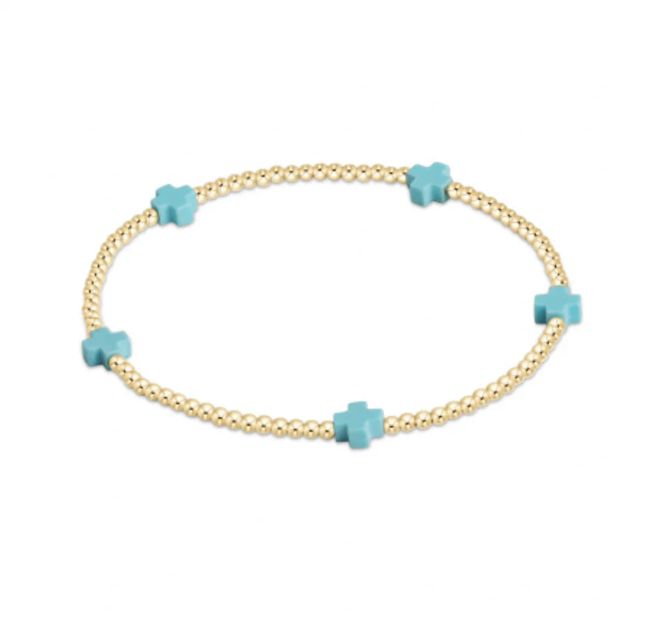 SIGNATURE CROSS SMALL GOLD PATTERN 2MM BEAD BRACELET - TURQUOISE