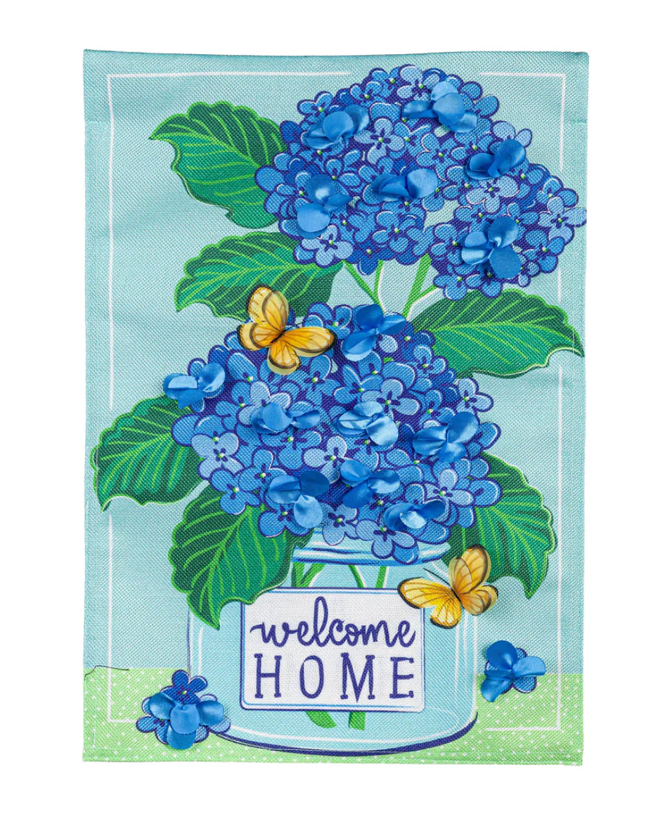 Welcome Home Hydrangeas Burlap Garden Flag