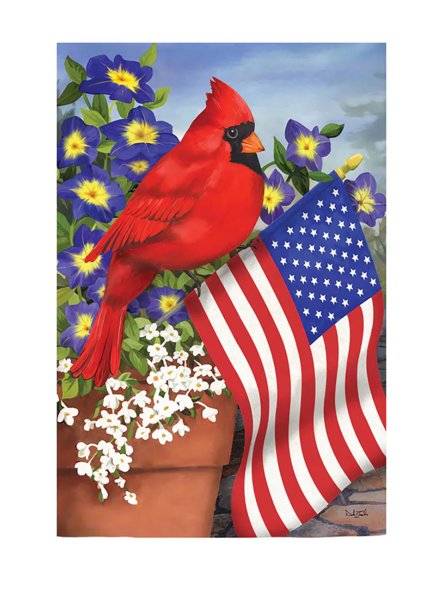 Cardinal and American Flag Suede Garden Flag