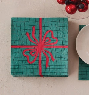 6-1/2" Sq Paper Napkins w Bow, Red & Green