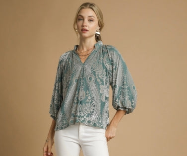 Damask Print Velvet Split Neck Top Sage