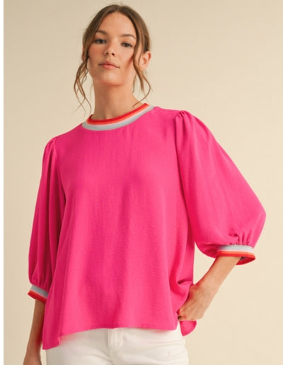 Puff Sleeve Top in Pink with Stripe Band