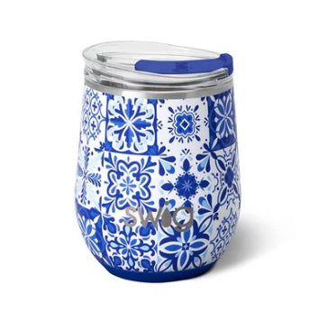 12oz Stemless Wine Cup in Indigo Tiles