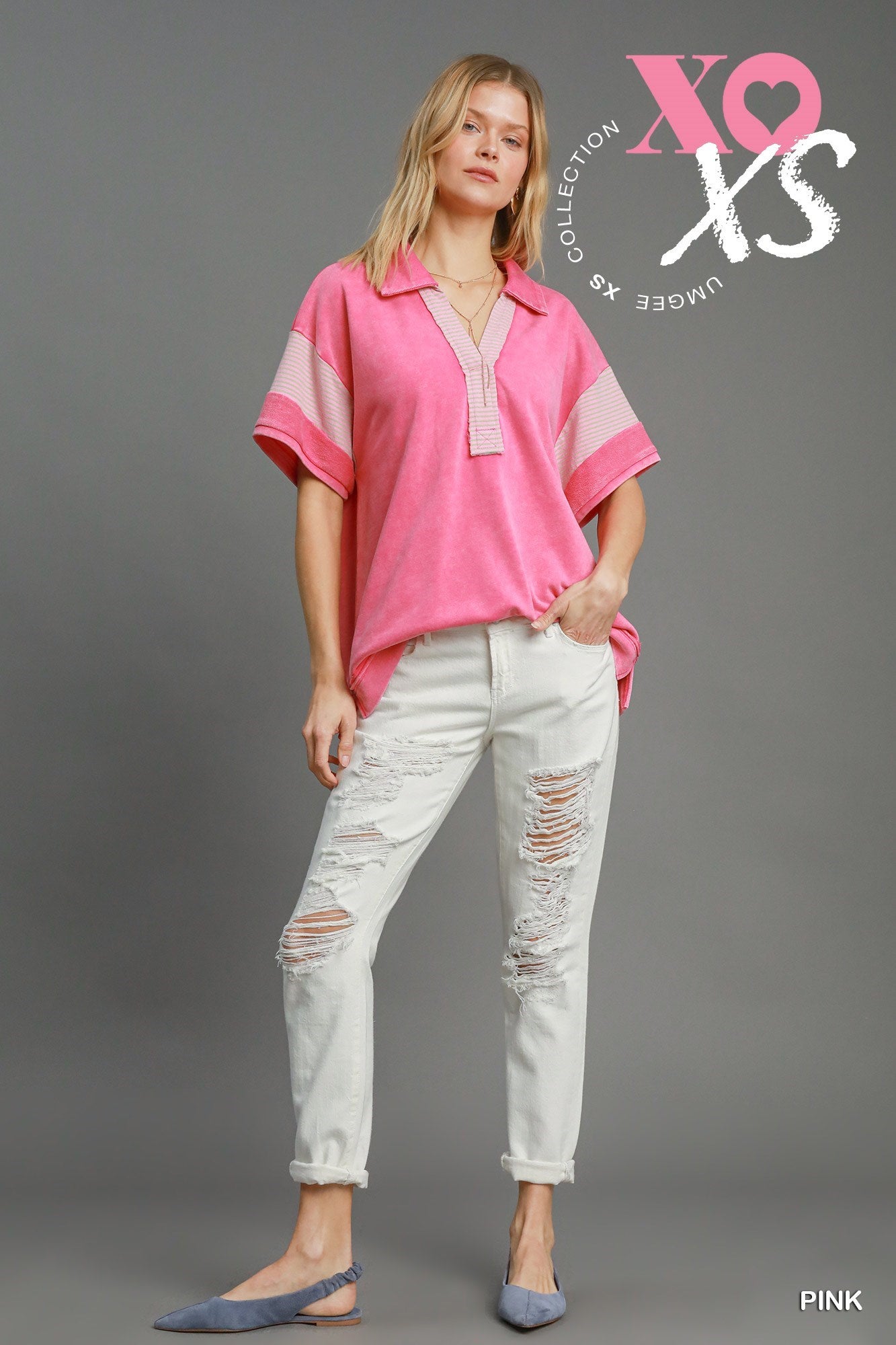 Mineral Washed French Terry Top Pink and Lime