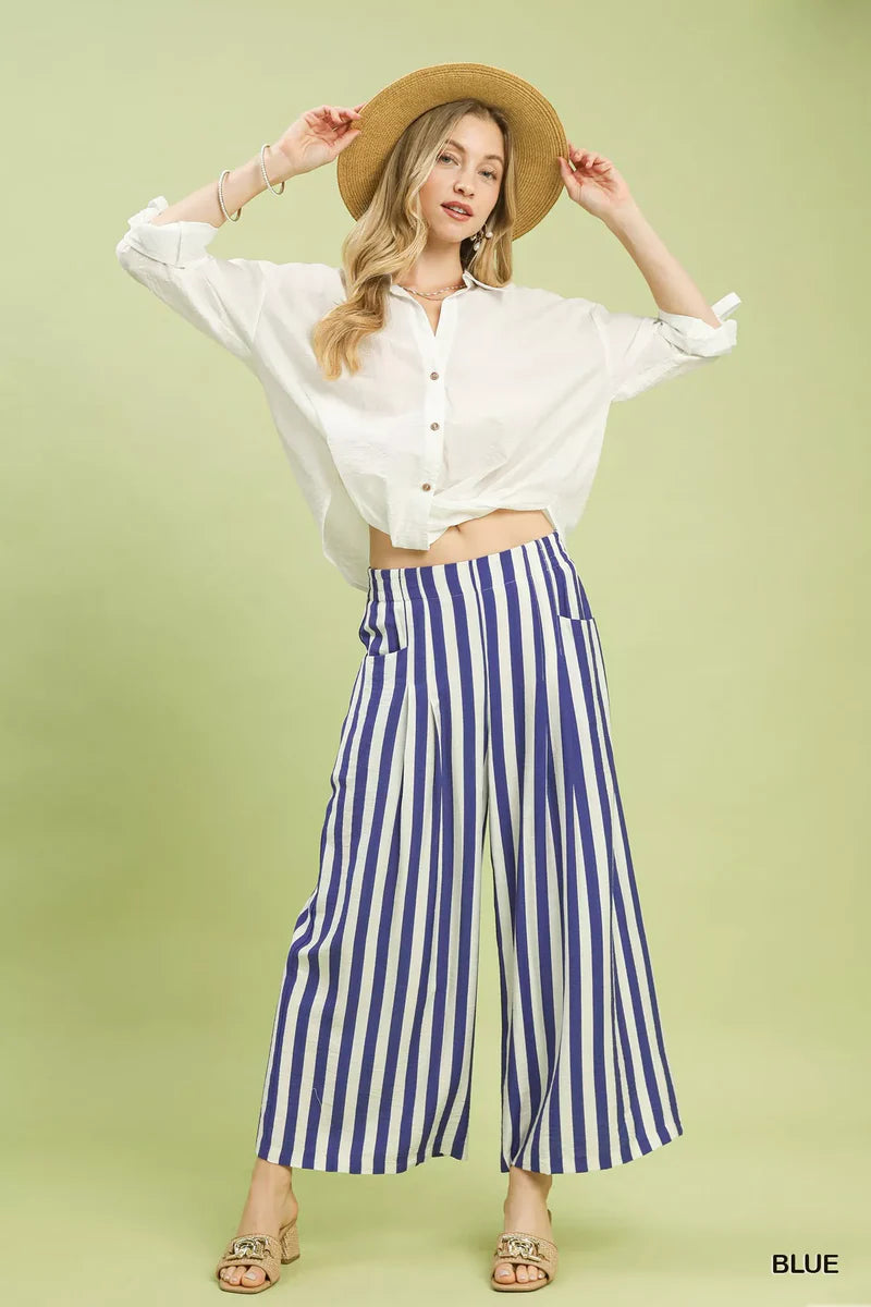Stripe Pleated Wide Leg Pants in Blue