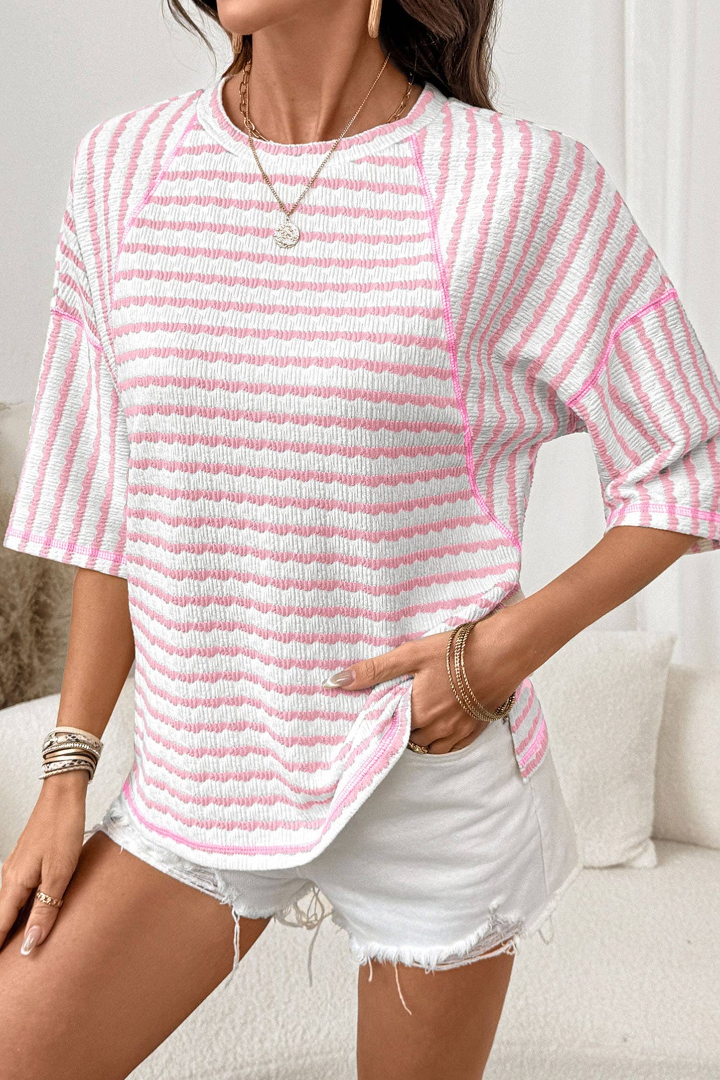 Stripe Textured Knit Split Hem Half Sleeve Top | Pink Stripe