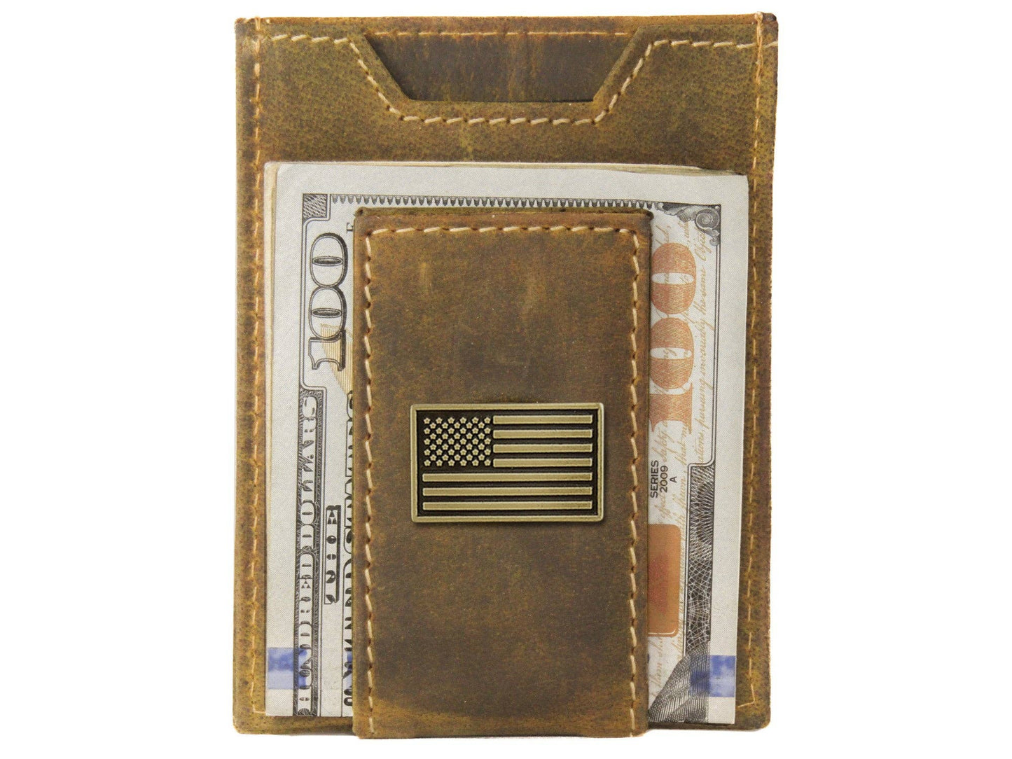 American Flag Vintage Tan Leather Magnetic Wallet