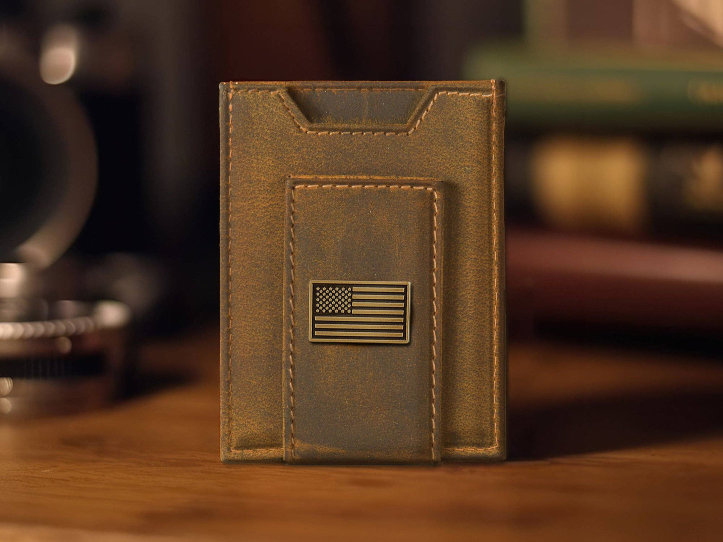 American Flag Vintage Tan Leather Magnetic Wallet