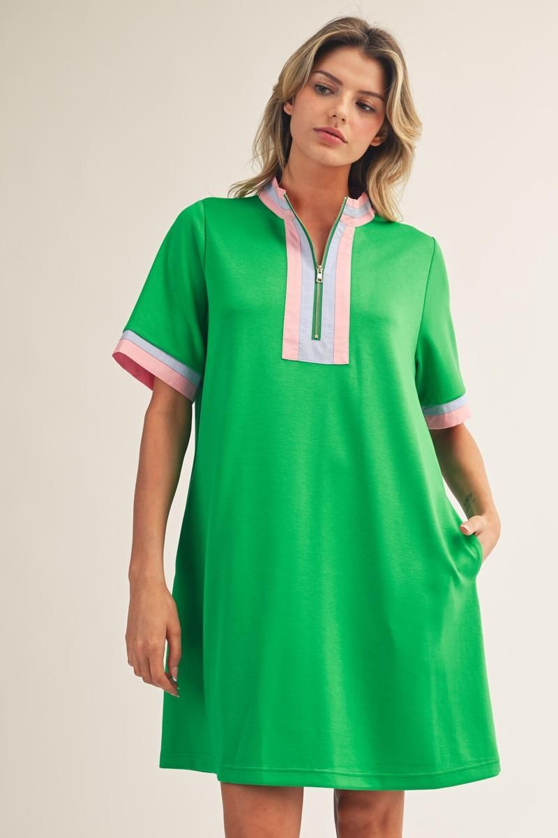 Mock Neck Preppy Front Zip Dress