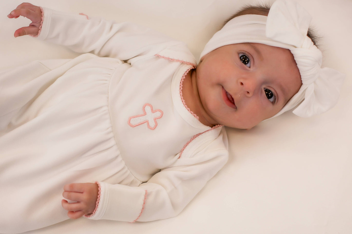 Pip Embroidered Gown -Pink Cross: 0-3 mo