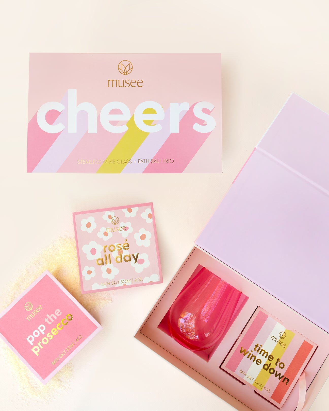 Cheers Stemless Wine Glass + Bath Salt Trio