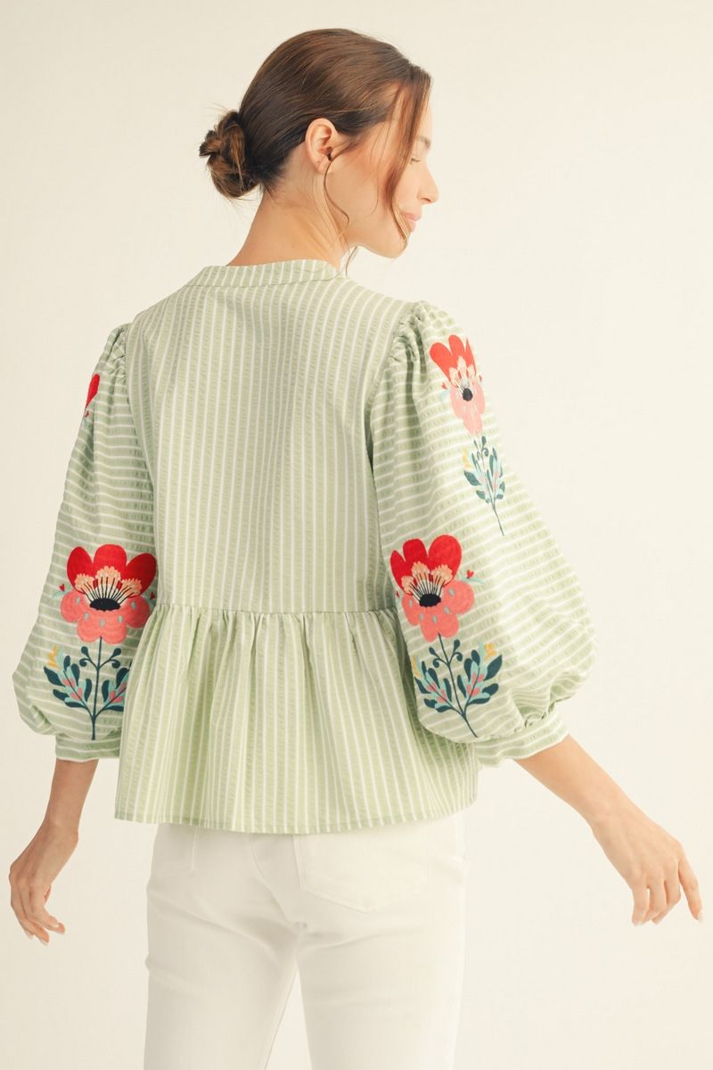 Embroider Peplum Top Sage