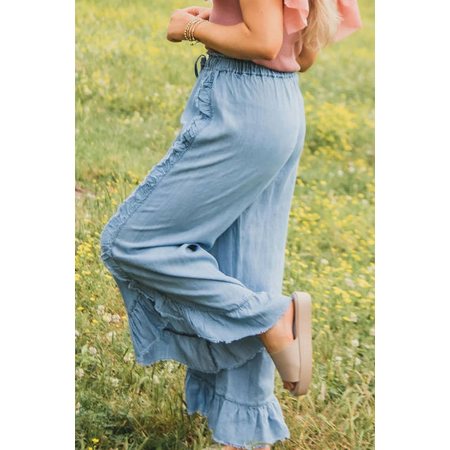 Denim Pants with Ruffle Trim