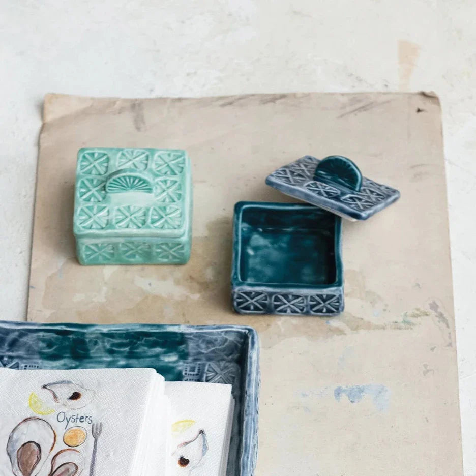 Hand-Painted Debossed Stoneware Salt Cellar