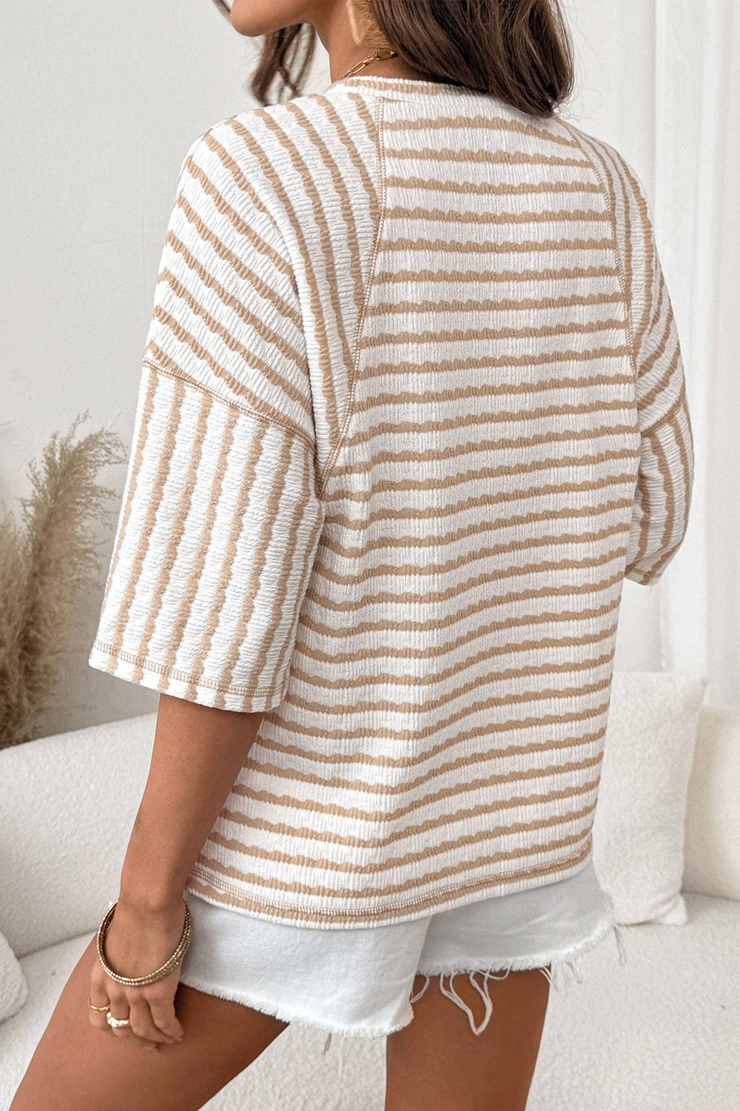 Stripe Textured Knit Split Hem Half Sleeve Top | Apricot