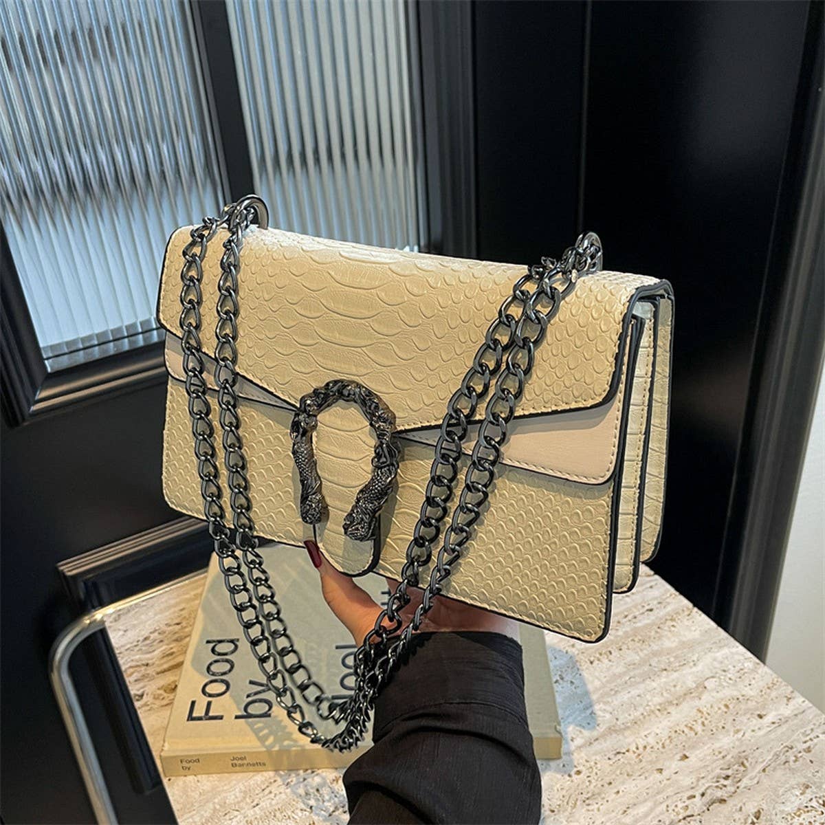 Crossbody Square Bag with Chain in Beige