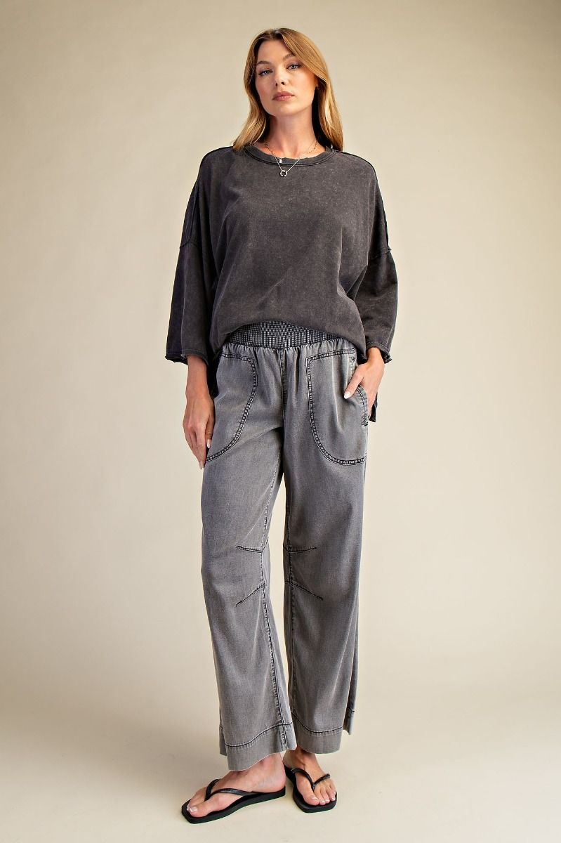 Smocked Waist Black Chambray Pants