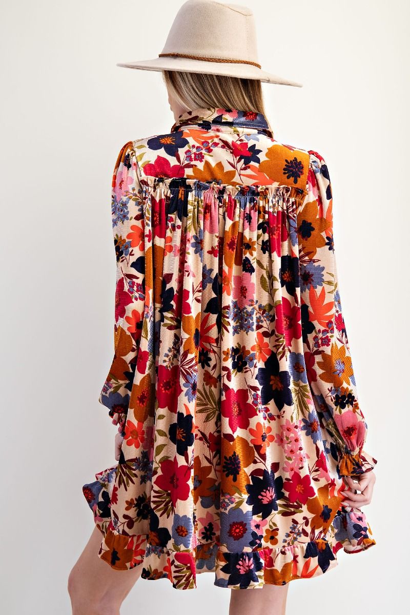 Long Sleeve Printed Velvet Ruffle Dress