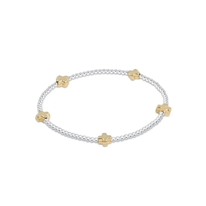 SIGNATURE CROSS SMALL STERLING MIXED METAL PATTERN 2MM BEAD BRACELET - GOLD