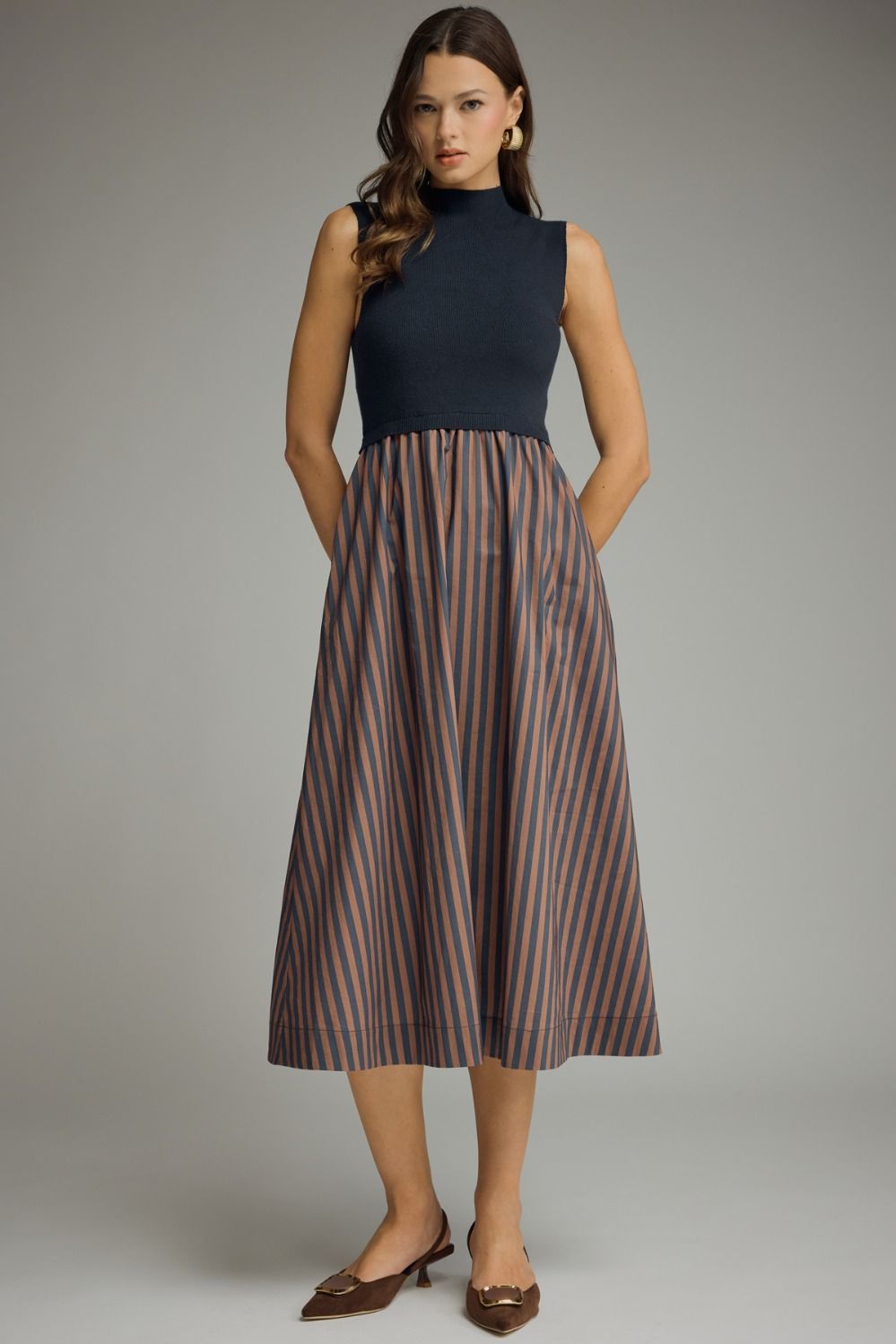 Mock Neck Striped Midi Dress