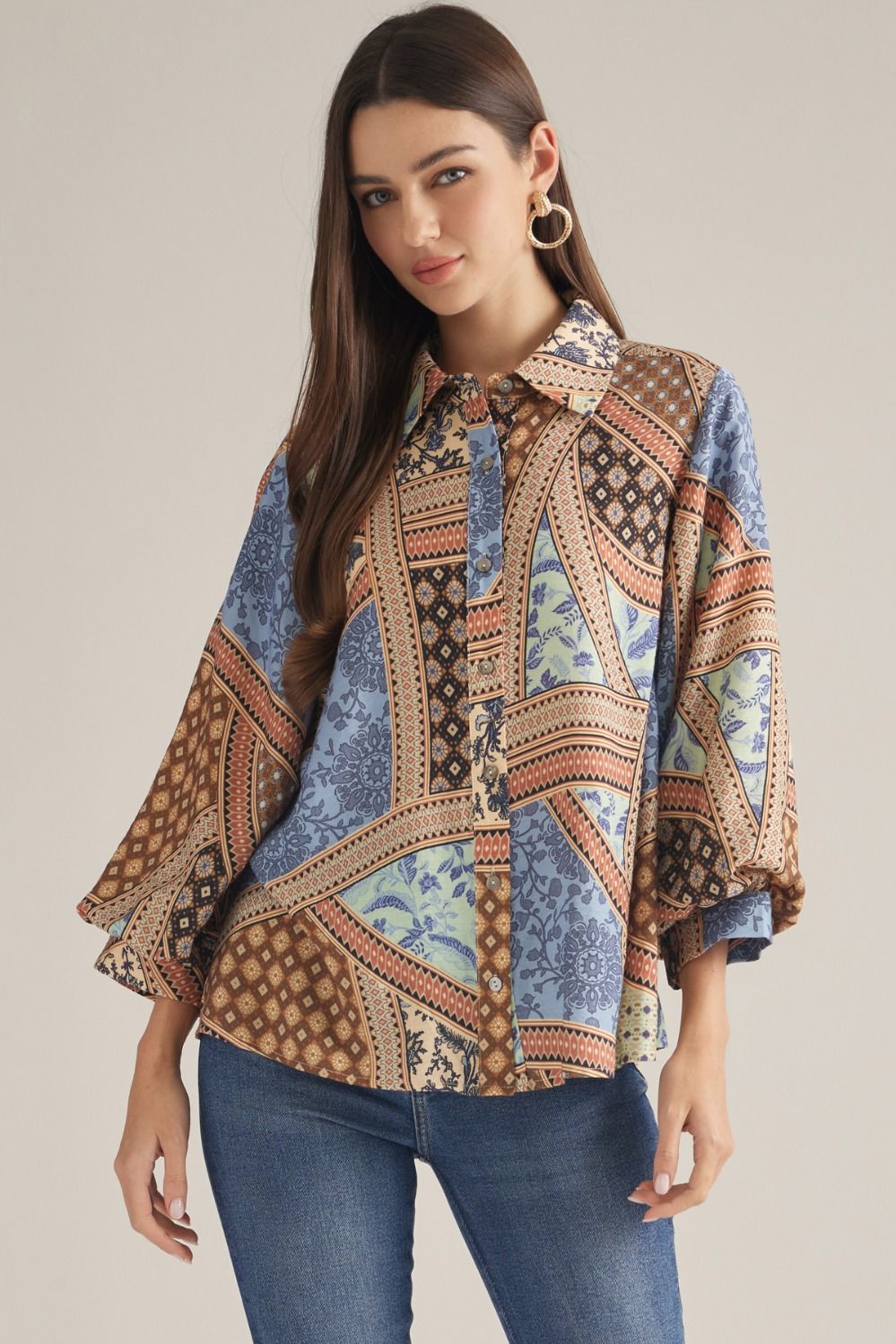 Multicolored Printed Button Up