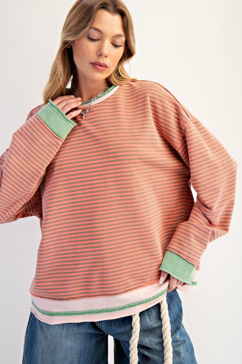 Oversized Stripe Washed Terry Pullover