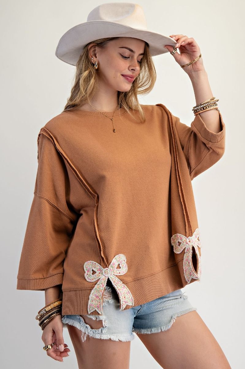 Bow Patch Bottom Hem Washed Terry Pullover