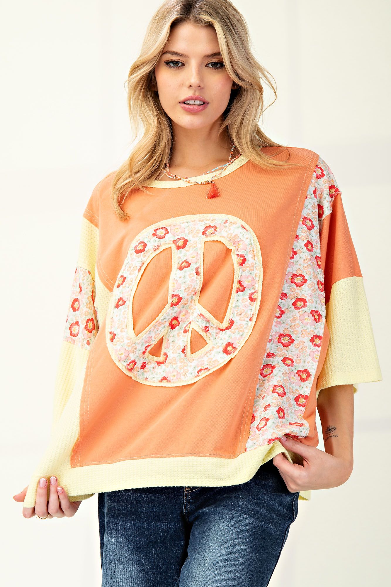 Patchwork Peace Sign Top in Carrot Orange