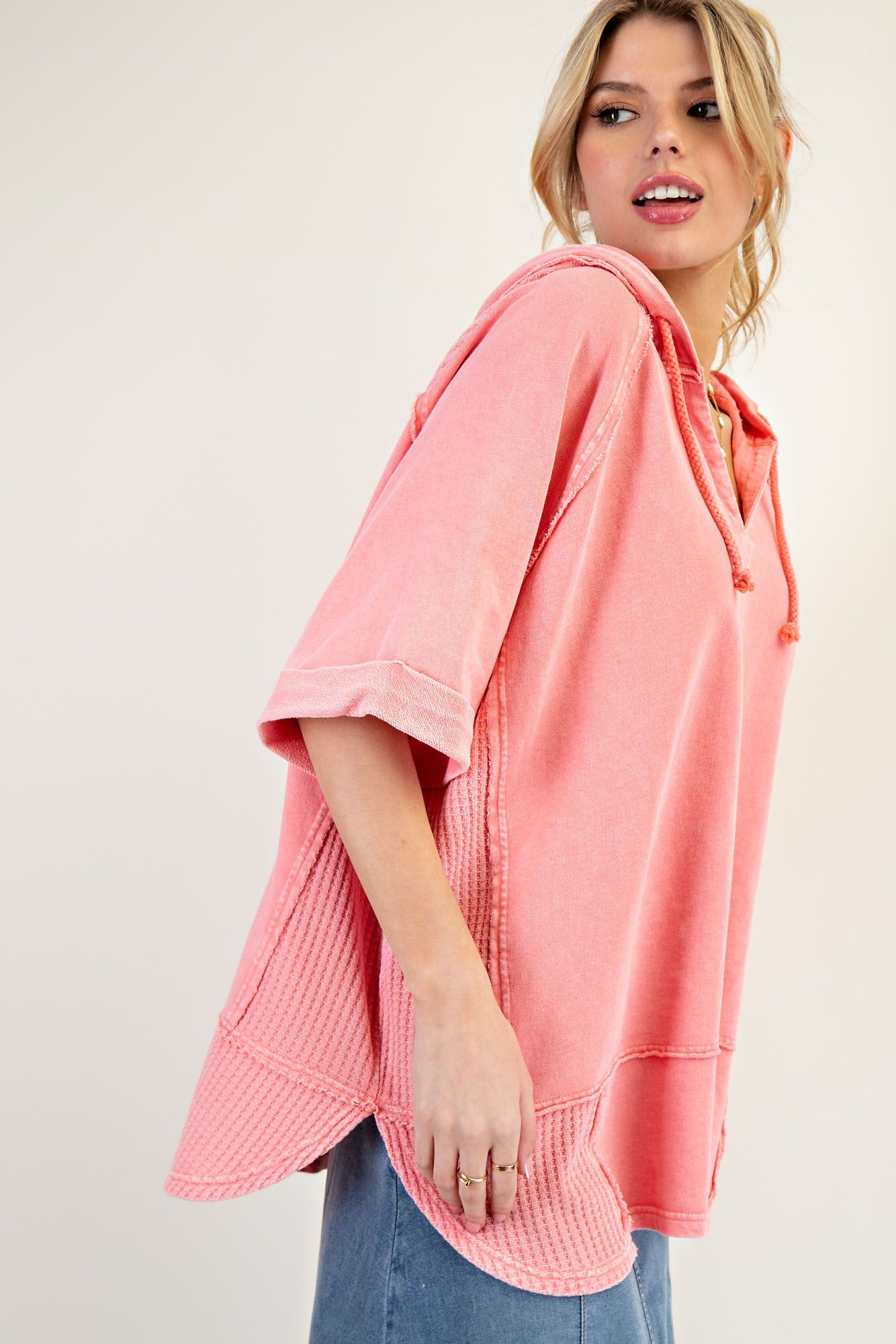 Thermal Mix Short Sleeve Hoodie Coral