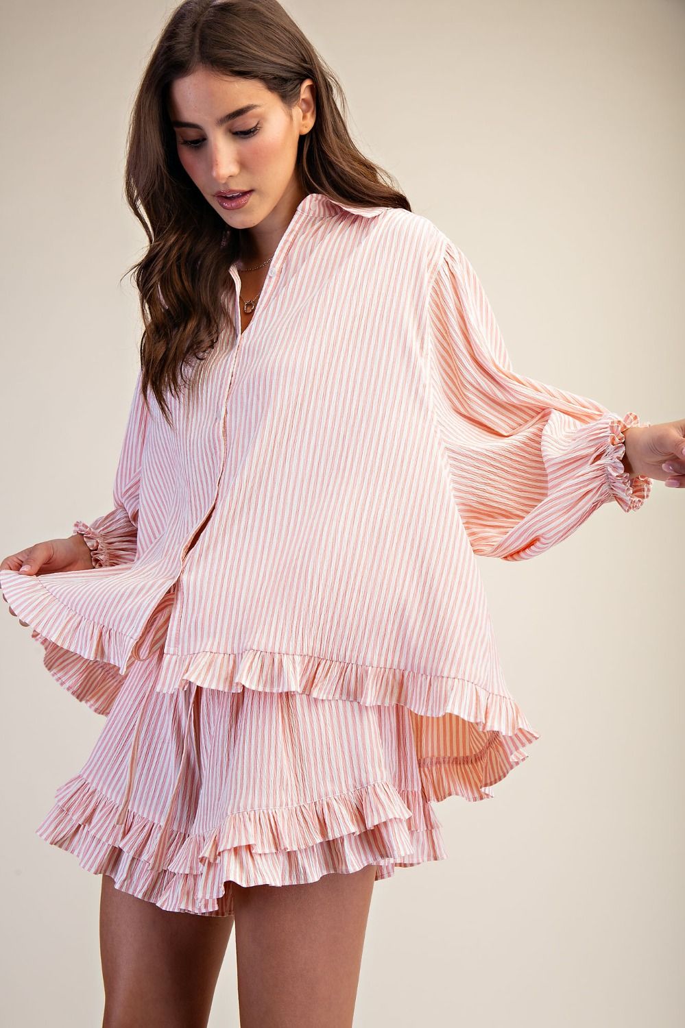 Strip Button Down Top Light Coral