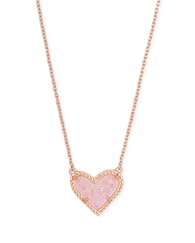 ARI HEART SHORT PENDANT NECKLACE ROSE GOLD PINK DRUSY