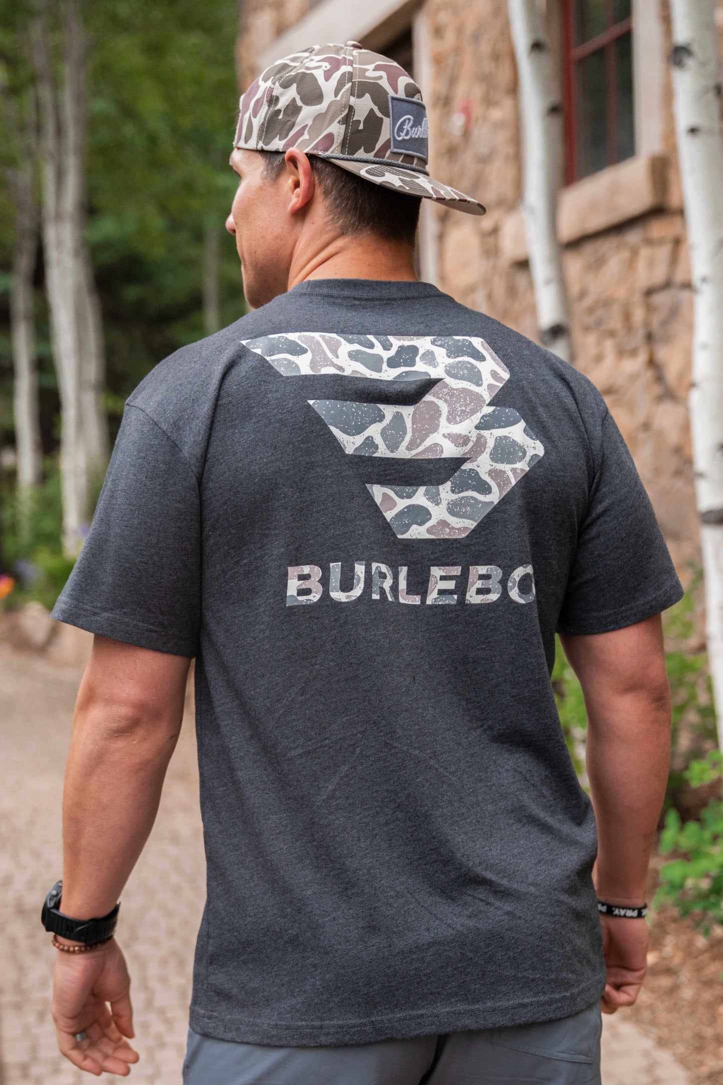Adult SS Tee - Flying B Deer Camo Logo - Heather Black