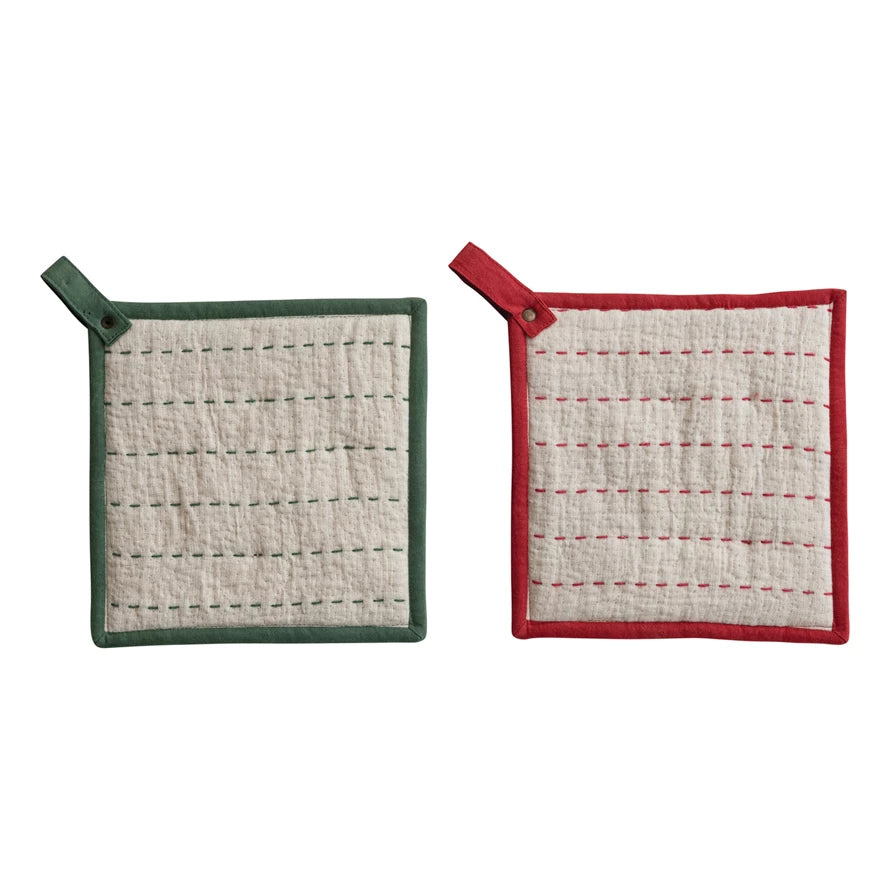 Woven Pot Holder with Hand-Embroidered Kantha Stitch