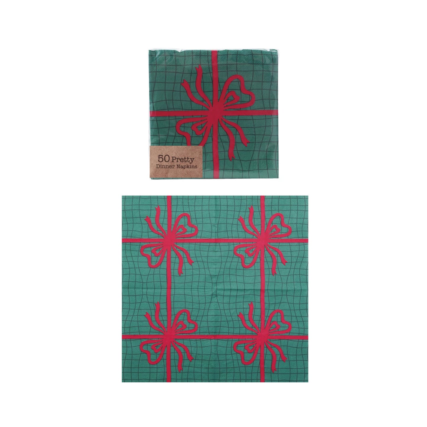 6-1/2" Sq Paper Napkins w Bow, Red & Green