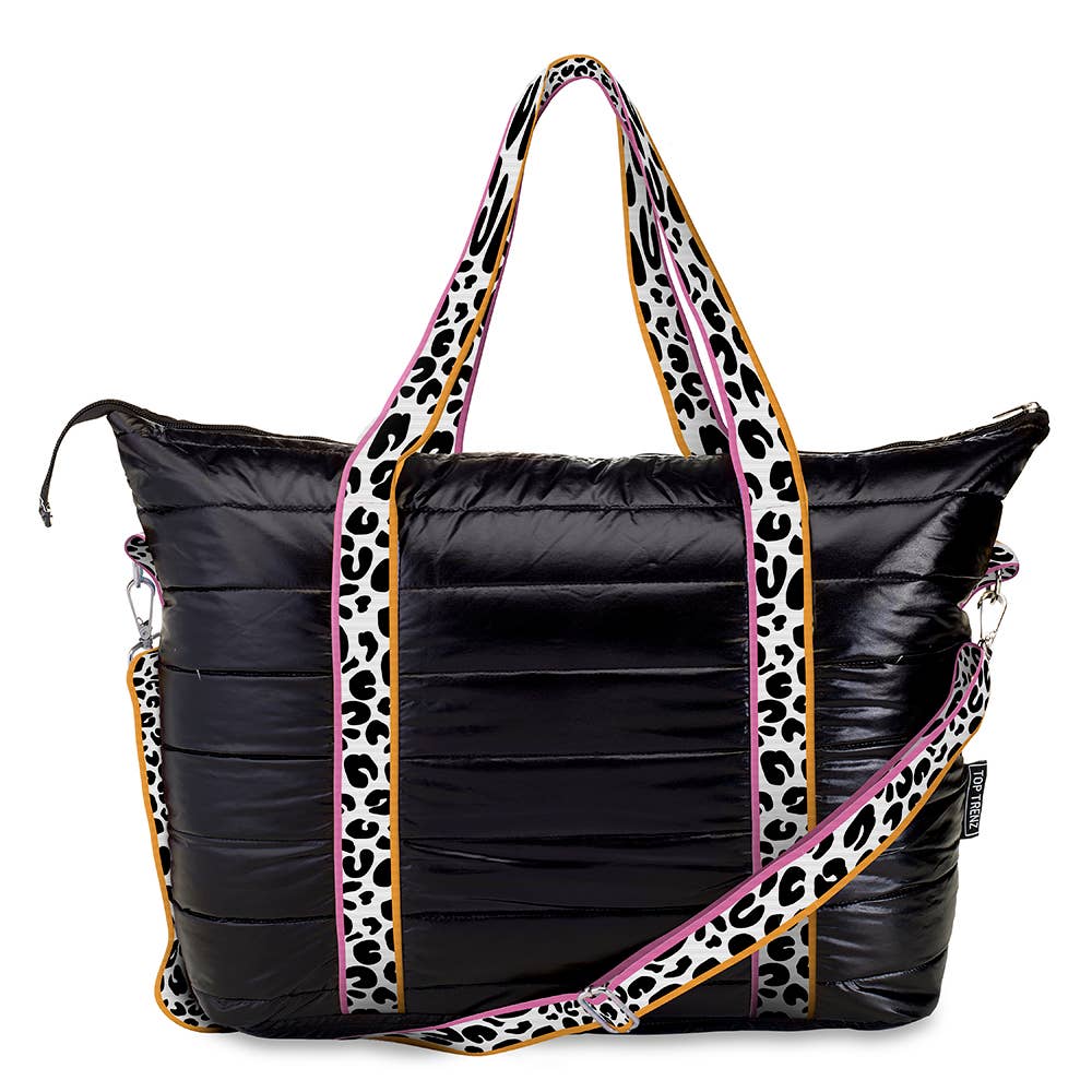 Black Puffer Tote Weekender Bag Leopard Stripe Straps
