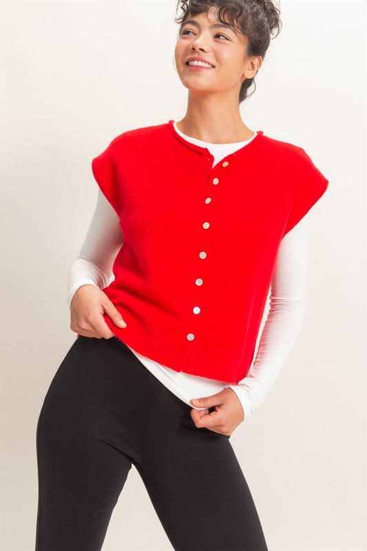 Rolled Edge Button Front Sweater Vest in Red