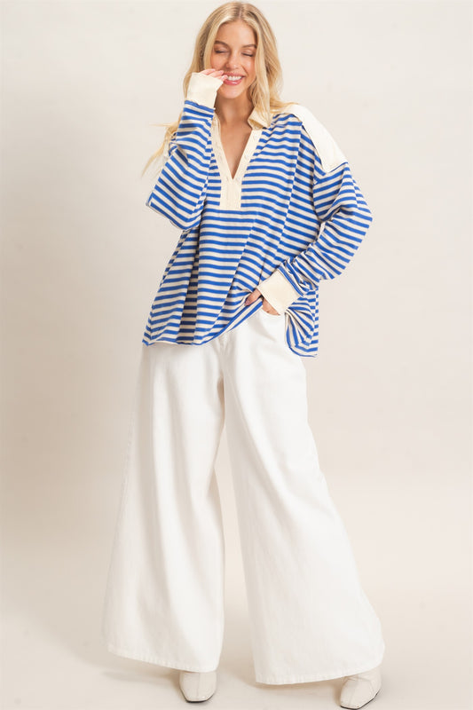 Striped Henley Sweatshirt in Blue