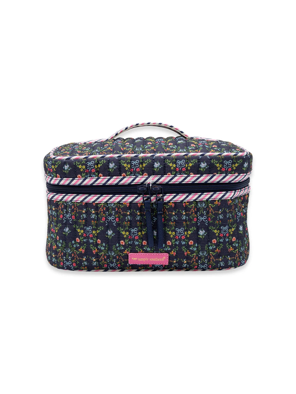 Navy Blue Flowers Quilted Makeup Bag