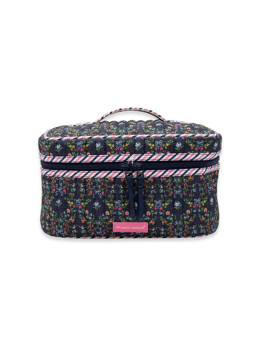 Navy Blue Flowers Quilted Makeup Bag