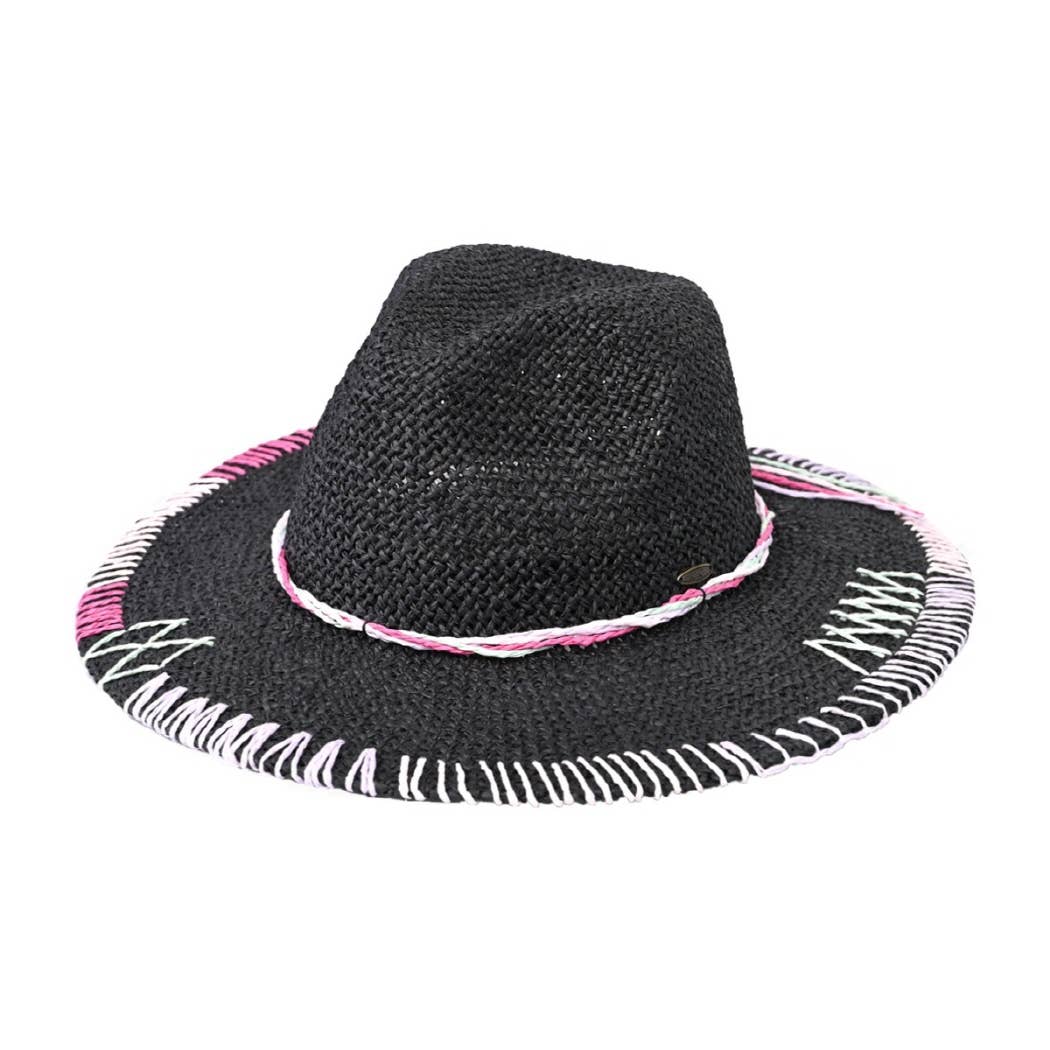 Multi-Colored Stitched Brim Panama Hat: DK.NATURAL / ONE SIZE