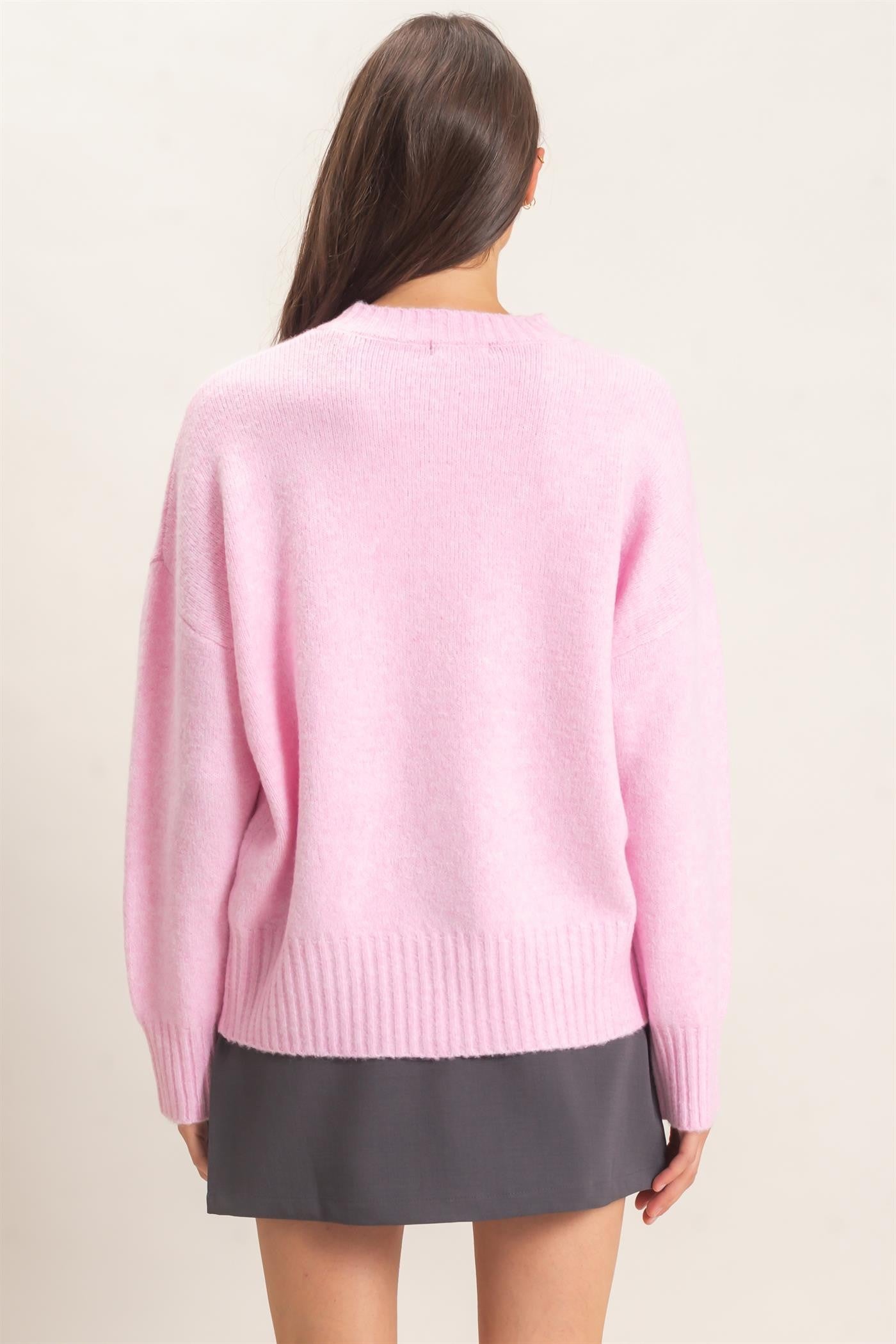 Ribbed Crew Neck Sweater in Pink