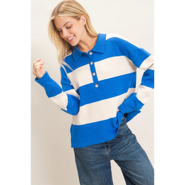Blue Striped Button-Up Sweater
